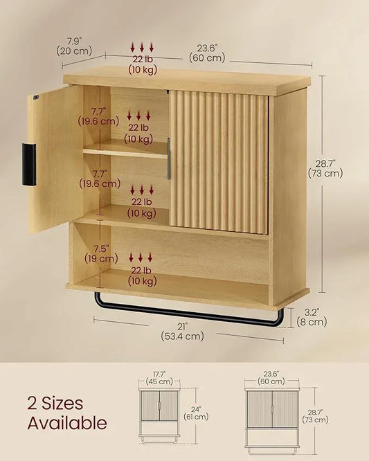 VASAGLE MAXE Collection - Bathroom Cabinet Wall Mounted, Over Toilet Hanging Cabinet with Adjustable Shelf, Towel Bar, Fluted Doors, 7.9 x 23.6 x 28.7 Inches, Transitional, Oak Beige UBBK135Y01S - ModernBath