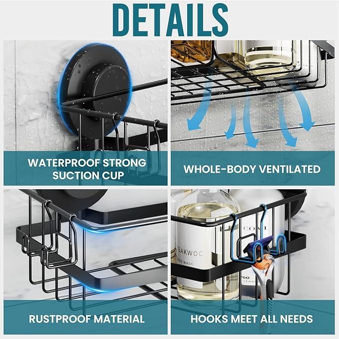 TAILI 2 Pack Corner-adaptive Suction Cup Shower Caddy, Stainless Steel Rustproof Corner Shower Shelves, Large Capacity, Removable Suction Cup Bathroom Organizer, Drill-Free Wall Mounted Baskets, Black - ModernBath