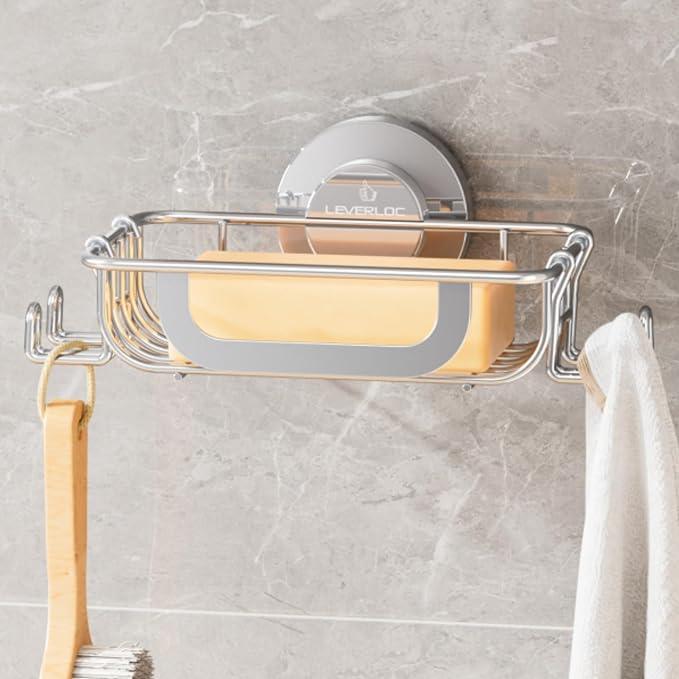 LEVERLOC Bar Soap Holder Dish with Hooks, Soap Tray Suction Cup Wall Mounted for Shower, Stainless Steel Sponge Holder Caddy for Bathroom Kitchen Sink Organizer, Rustproof, Silver - ModernBath