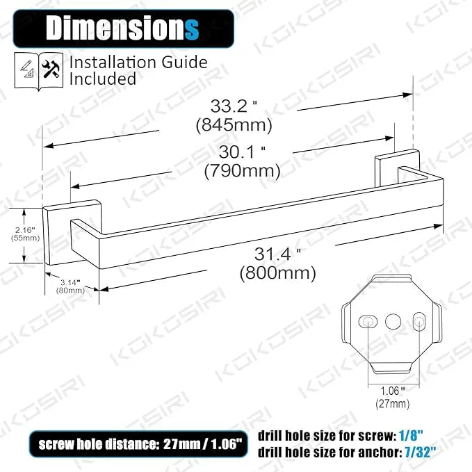 KOKOSIRI 32-Inch Single Towel Bar, Bathroom Kitchen Towel Holder, Wall Mounted T-304 Stainless Steel Towel Rack 2 Pack, Brushed Nickel, B4003BR-L32-P2 - ModernBath