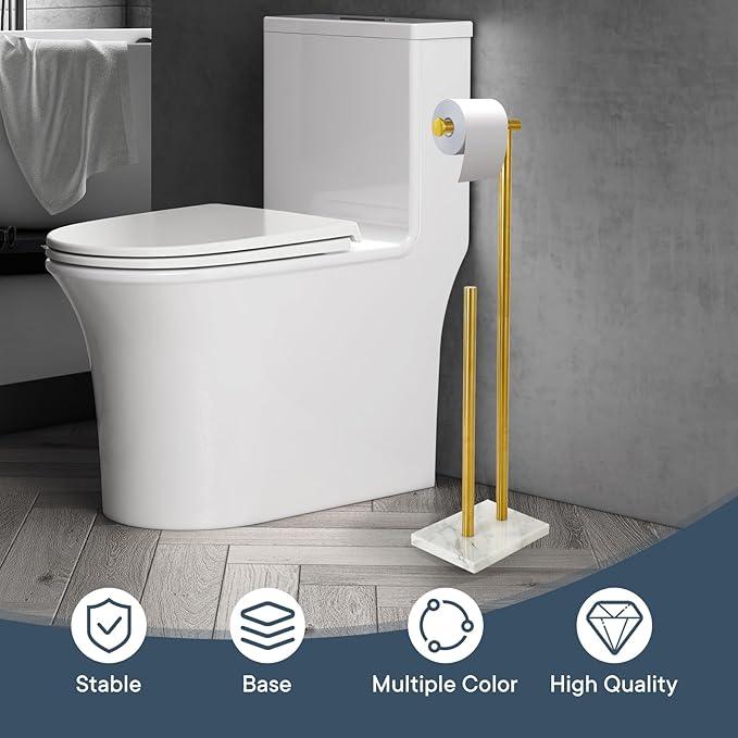 Toilet Paper Holder Stand with Weighted Natural Marble Base, Bathroom Free Standing Toilet Paper Roll Holder with Reserve, Standing Toilet Tissue Holder with Storage (Brushed Gold, with Storage) - ModernBath