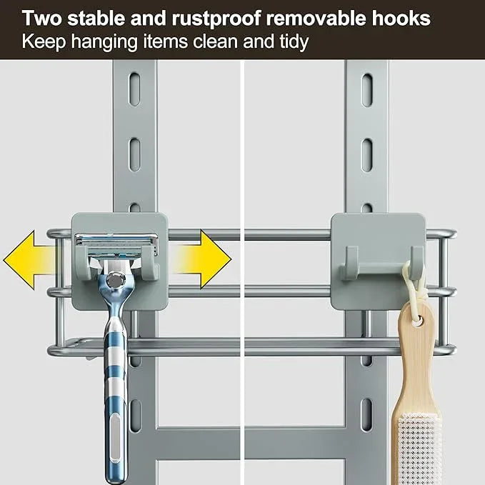 Orimade Adjustable Anti-slip Shower Caddy Overhead, Rustproof Hanging Shower Organizer With 2 Razor Hooks - No Drilling, 3-Tier Shelves, Silver Grey - ModernBath