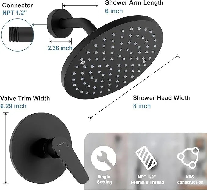 Lavatrum Mate Black Shower Head and Handle Set Single Spray Premium Wall Mount 8 Inch Rainfall Round Shower Faucet with Rough-in Valve and Trim Kit for Bathroom（1.8GPM) - ModernBath