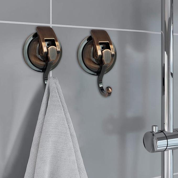 Heavy Duty Vacuum Suction Shower Hooks, Glass Suction Cup, for Bathroom Robe and Garland Decoration (2 Pack, Antique Brass) - ModernBath