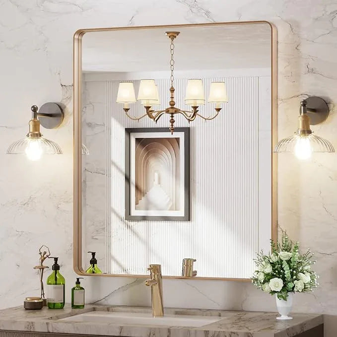 LOAAO 30”X36” Gold Bathroom Mirror, Rounded Rectangle Gold Frame Mirror, Brushed Gold Bathroom Vanity Mirror Wall-Mounted, Anti-Rust, Tempered Glass, Hangs Horizontally or Vertically - ModernBath