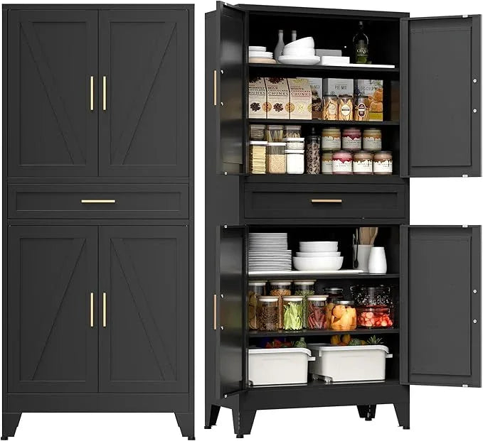 COFaR 71" Tall Metal Storage Cabinet with 4 Doors and 4 Adjustable Shelves, 6-Tier Farmhouse Storage Cabinet with Drawers and Legs, for Office, Home, Garage, Gym, School, Living Room, Hallway（Black） - ModernBath