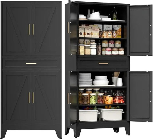 COFaR 71" Tall Metal Storage Cabinet with 4 Doors and 4 Adjustable Shelves, 6-Tier Farmhouse Storage Cabinet with Drawers and Legs, for Office, Home, Garage, Gym, School, Living Room, Hallway（Black） - ModernBath