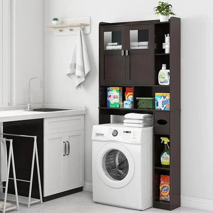 Vabches Over The Toilet Storage Cabinet, Bathroom Shelf Over Toilet with Glass Doors and Adjustable Shelves, Espresso Freestanding Home Space Save Toilet Rack for Restroom, Bathroom, Laundry - ModernBath