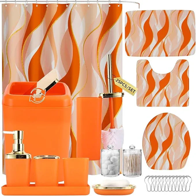 XLHOMO Bathroom Set - Orange and Gold Bathroom Accessories, Bathroom Sets with Shower Curtain and Rugs, Orange Shower Curtain Set with Bathroom Trash Can, Soap Dispenser, Soap Dish for Home Decor - ModernBath
