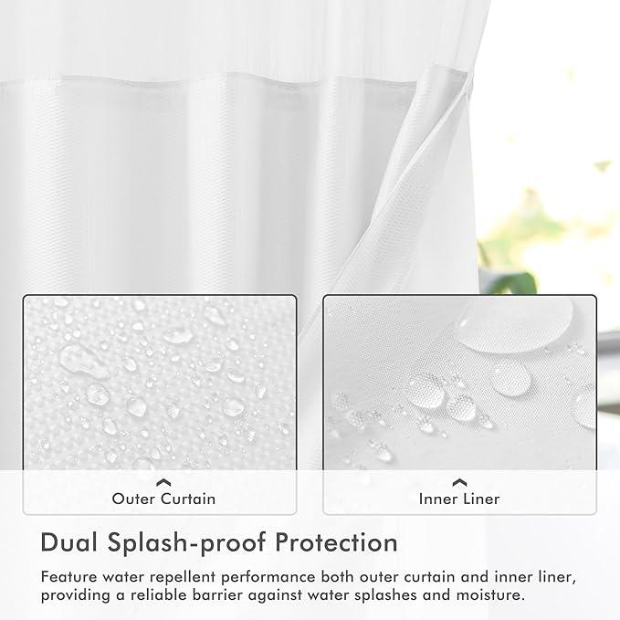 Mrs Awesome No Hook Shower Curtain with Snap-in Liner Less Time On/Off, Embossed Waffle-Look Textured Fabric Shower Curtain for Bathroom Hotel Style, Washable, Soft & Lightweight, 71x74, White - ModernBath