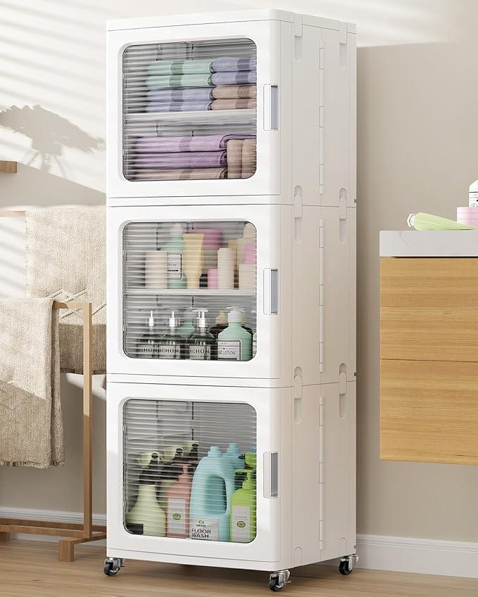 BROVIEW 3-Tier Tall Narrow Storage Cabinet 14.6” Wide, Slim Bathroom Cabinets with Adjustable Shelves and Doors, Plastic Kitchen Pantry Organizers and Storages for Small Space, Laundry, White - ModernBath