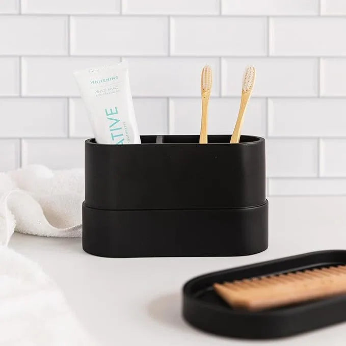 Matte Black Large Toothbrush and Toothpaste Holder and Cup for Bathroom Vanity and Countertop, 2 Compartment Organizer for Electric Toothbrushes, Floss, Razors, Cotton, and Mouthwash - YEW DESIGN - ModernBath