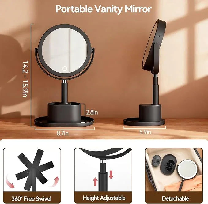 Shinowa Makeup Mirror with Lights, 1X/20X Lighted Magnifying Mirror with Storage for Makeup & Jewelry, 2-Sided Height Adjustable Vanity Mirror with 3 Color Lights, 360° Rotation & Rechargeable, Black - ModernBath
