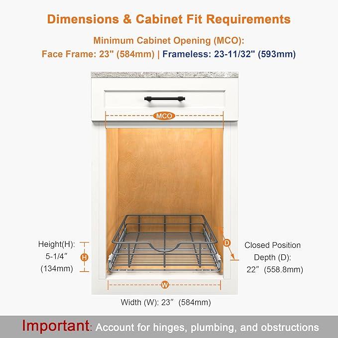 ALINE FURNITURE Pull Out Shelves - 23" W x 22" D Soft Close Pull Out Cabinet Organizer 1 Tier - Slide Out Drawers with Shelf Liner, Heavy Duty Steel Wire Baskets for Kitchen Cabinets, Pantry, Bathroom - ModernBath