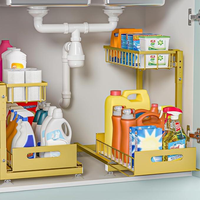 Under Sink Organizer for Kitchen and Bathroom, 2 Pack 2 Tier Pull Out Storage Rack - Height Adjustable Heavy Duty Metal Basket with High Capacity & Safety Stopper, Rustproof for Cleaning Supplies - ModernBath