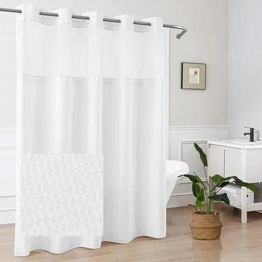 Mrs Awesome No Hook Shower Curtain with Snap-in Liner, Embossed Waffle Design Fabric Shower Curtain for Bathroom, Soft & Lightweight, 71x86, White - ModernBath