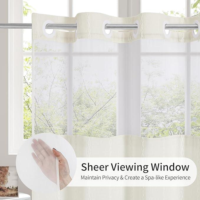 MitoVilla No Hooks Needed Farmhouse Shower Curtain with Snap-in Liner - with Window & Magnets, Boho Cotton Linen Fabric Shower Curtains with Tassels for Rustic Bathroom Decor, Ivory, 72 x 74 - ModernBath