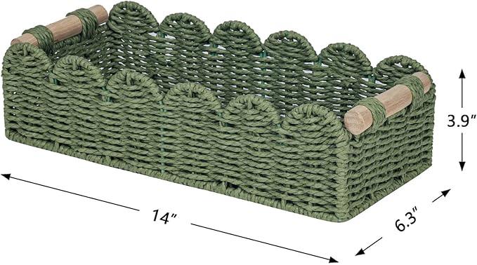 CubesLand Toilet Paper Storage Basket Scalloped Edge Home Decor Green Basket, Living Room Cozy Decor, Paper Rope Small Baskets for Over Toilet Storage Shelf, End Table, Shelves, with 2 Wooden Handles - ModernBath