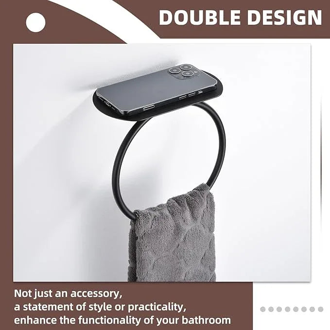 APLusee Matte Black Bath Towel Ring with Shelf, Stainless Steel Towel Holder, Wall Mount - ModernBath