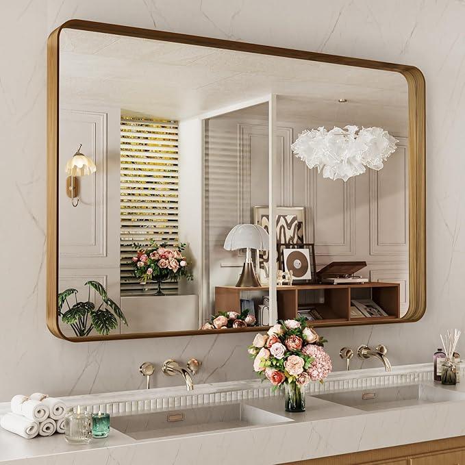 LOAAO 48X32 Inch Bathroom Mirror with Wood Grain Colored Metal Frame, Rounded Rectangle Metal Framed Bathroom Mirror, Anti-Rust, Hangs Horizontally or Vertically, Tempered Glass - ModernBath