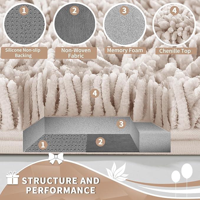 Yimobra Toilet Rugs U Shaped Washable, Extra Thick Soft Absorbent Chenille Contour Bathroom Rugs for Toilet 24x24 Inch, Quick Dry Non Slip Toilet Mat for Bath Floor, Khaki - ModernBath