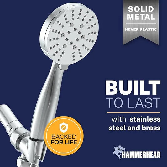 HammerHead Showers® Solid Metal 3-Spray Handheld Shower Head with Long Hose and Holder - CHROME - WIDE, MASSAGE, and MIST Sprays - 1.8 GPM Low Flow Handheld Showerhead - Water Saving Shower Head - ModernBath