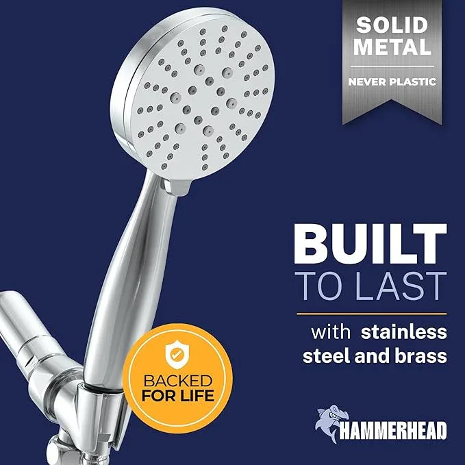 HammerHead Showers® Solid Metal 3-Spray Handheld Shower Head with Long Hose and Holder - CHROME - 2.5 GPM High Pressure Shower Head with Handheld Sprayer - WIDE, MASSAGE, and MIST Sprays - ModernBath