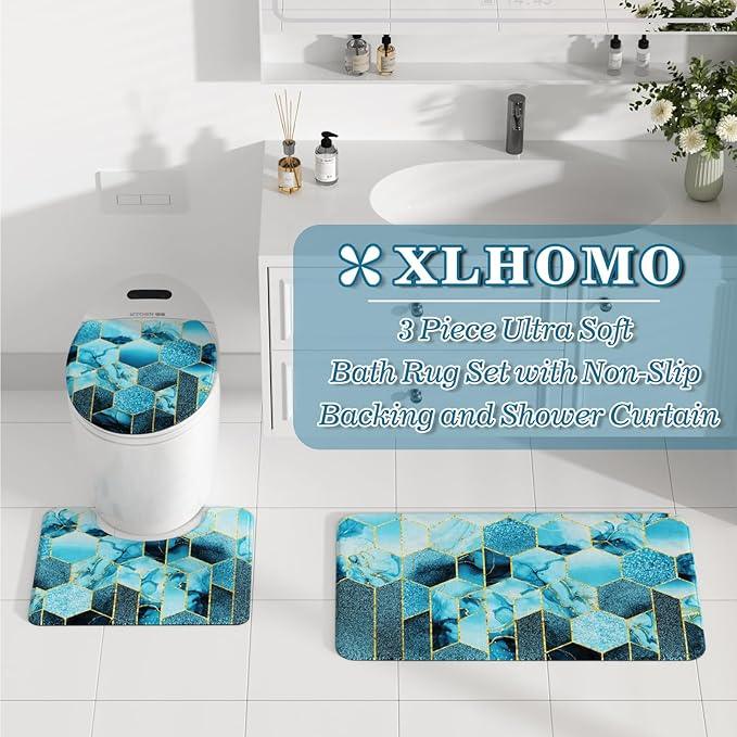 XLHOMO Bathroom Sets with Shower Curtain and Rugs - 4PC Teal Geometric Shower Curtain Set with 12 Hooks, Toilet Cover, U-Shaped Mat and Rugs Modern Abstract Bathroom Accessories for Bathroom - ModernBath