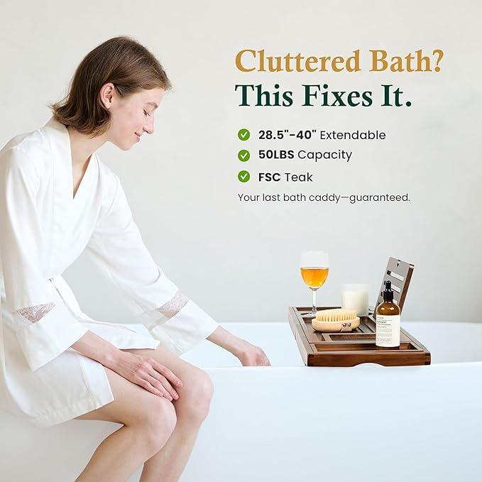 Realgulf Teak Bathtub Tray, Bath Caddy with Wine Glass Holder, Phone Dock & Book Stand | Hands-Free Reading & Ultimate Spa Relaxation Experience-Brown - ModernBath