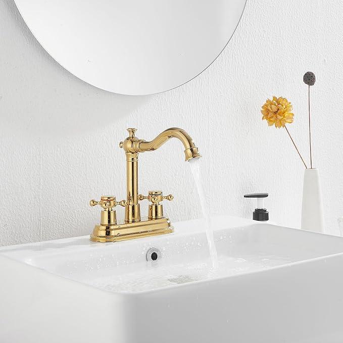 Bathroom Faucet Polished Gold GGStudy 2 Handles 4 Inches Centerset Bathroom Vanity with Drain Assembly and Supply Hose Lavatory Faucet Mixer Double Handle Tap - ModernBath