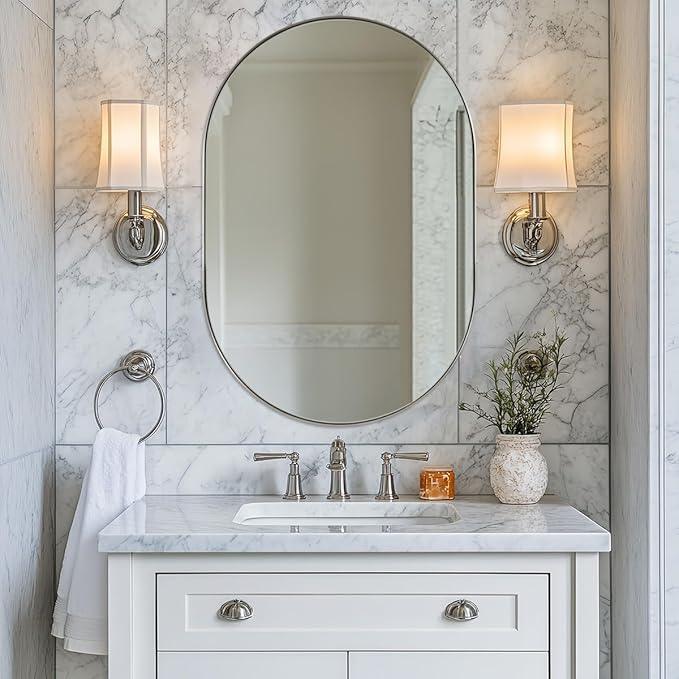 ANDY STAR Chrome Bathroom Mirror 24x36, Chrome Mirror Oval, Polished Silver Bathroom Mirror, Oval Mirrors Stainless Steel Frame Deep 1’’ Hang Vertical or Horizontal - ModernBath