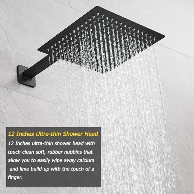 Heable Matte Black Shower Faucet Set with Tub Spout Bathroom Rainfall 12 Inch Shower Head System with Handheld Single Handle Shower Trim Kit with Rough-in Valve - ModernBath