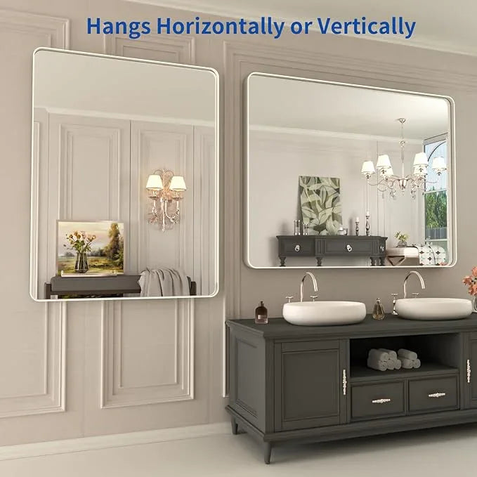 WEER 40X30 Inch Brushed Nickel Bathroom Mirror, Brushed Silver Metal Frame Mirror, Rounded Rectangle Silver Bathroom Vanity Mirror, Tempered Glass, Anti-Rust, Hangs Horizontally or Vertically - ModernBath