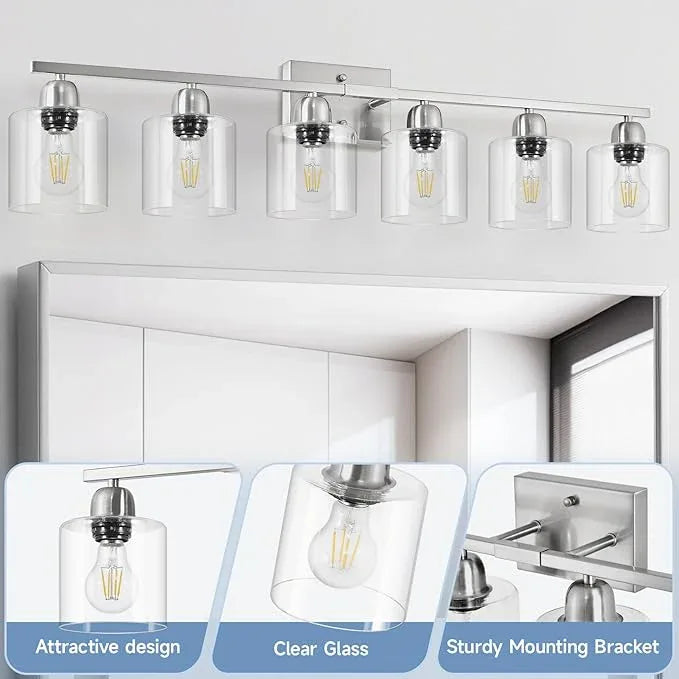 FAISHILAN Modern Brushed Nickel 6 Light Bathroom Light Fixtures,38 inch Vanity Lights for Bathroom with Clear Glass, Vanity Light for Mirror Kitchen Living Room Hallway Cabinet Porch - ModernBath