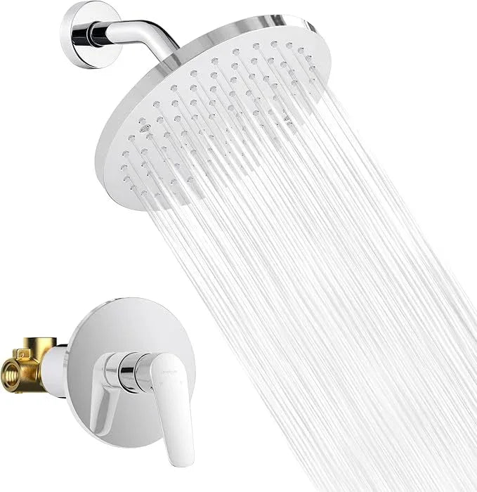 Lavatrum Premium Chrome Shower Head And Faucet Set Single Spray Wall Mount 8 Inch Rain Fall Round Shower Faucet with Rough-in Valve and Trim Kit for Bathroom - ModernBath