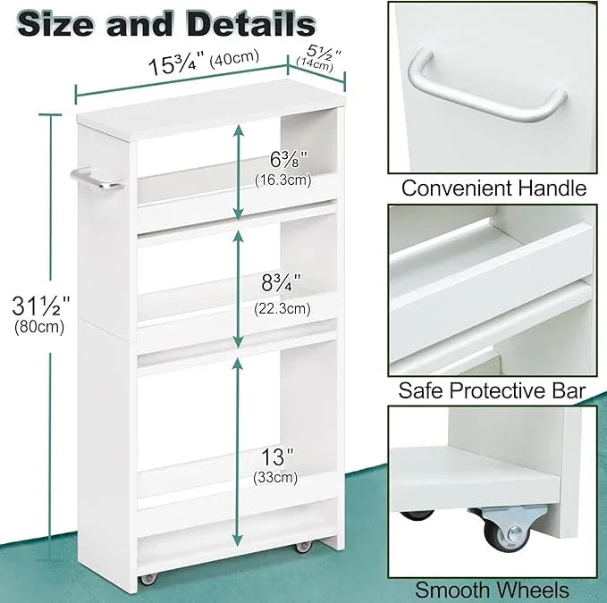 MARTY White Slim Storage Cart with Wheels, 4 Tier Rolling Utility Cart with Handle Slide Out Shelving Unit Organizer Trolley for Laundry Kitchen Bathroom Narrow Places Small Corner - ModernBath