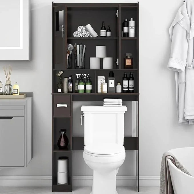 Vabches Over The Toilet Storage Cabinet, Bathroom Shelf Over Toilet with Glass Doors and Adjustable Shelves, Espresso Freestanding Home Space Save Toilet Rack for Restroom, Bathroom, Laundry - ModernBath