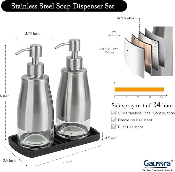 Gaussra Kitchen Soap Dispenser Set with Silicone Tray and Stickers - Brushed Nickel, Stainless Steel Glass Soap Dispenser Bathroom, Refillable Hand Dish Dispenser for Kitchen Sink - ModernBath