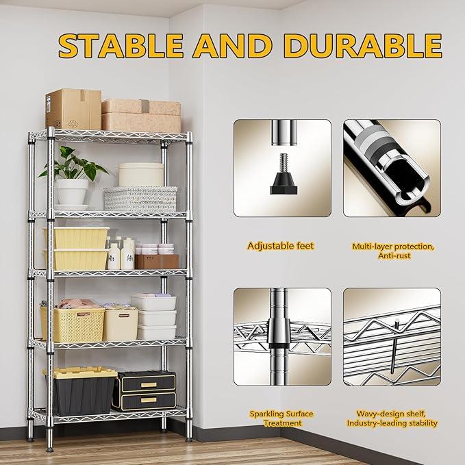 1250 lbs 5 Tier Shelf Metal Storage Shelves Shelving Wire Rack Heavy Duty Closet Organizers for Garage Kitchen Bathroom Laundry Chrome 13.8" D x 29.5" W x 59.5" H - ModernBath