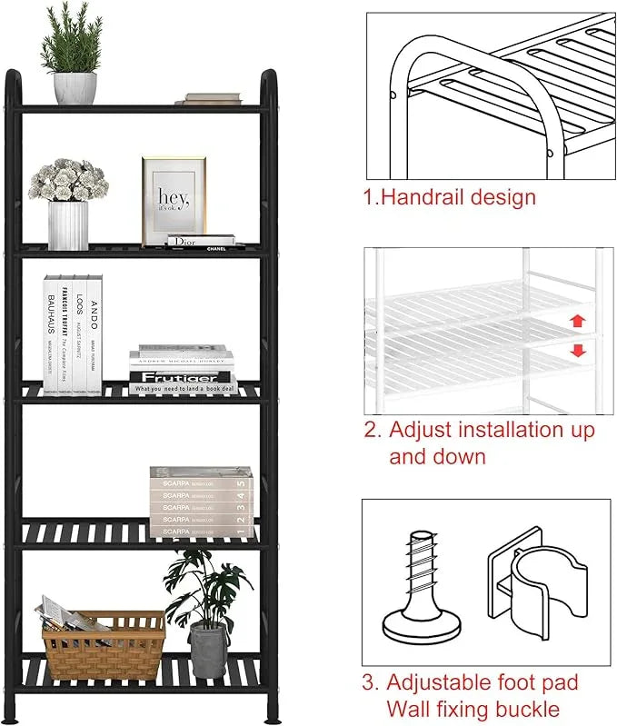 JSB 5-Tier Adjustable Shelving Unit, Heavy Duty Storage Rack Organizer Metal Corner Shelf for Kitchen Living Room Laundry Pantry Bathroom (Black, 5 Tier)… - ModernBath