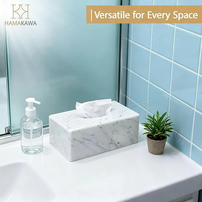 HAMAKAWA Natural Marble Tissue Box Cover, Carrara White Tissue Organizer 10 x 5.7 x 3.5 inch, Heavy Stone Decorative Box, Rectangle Tissue Box Holder for Home Decor, Kitchen, Bathroom, Bedroom - ModernBath