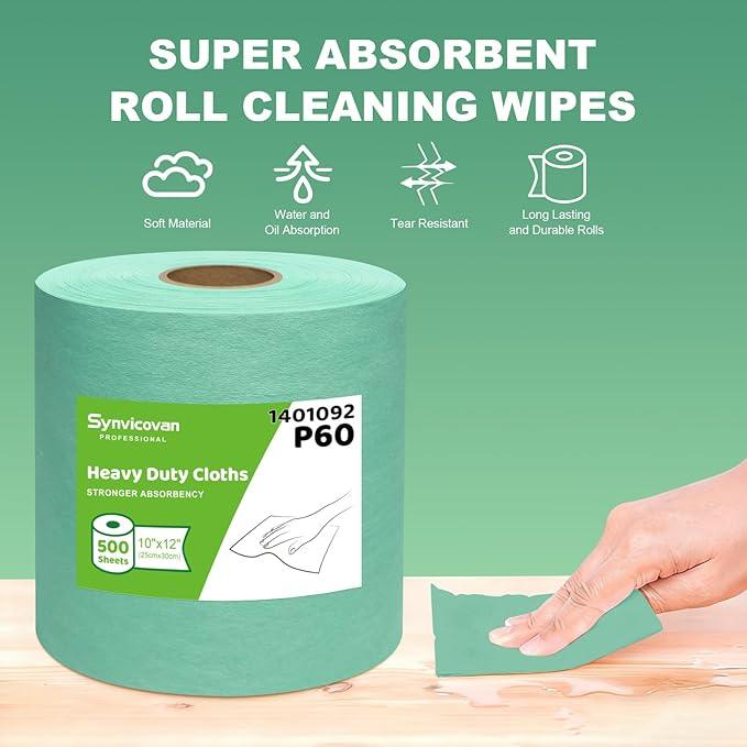 Synvicovan Cleanroom Wipes Heavy Duty Cloths, Lint-Free and Extra Absorbent Towels Jumbo Roll, Green (12"x10", 500 PCS) - ModernBath