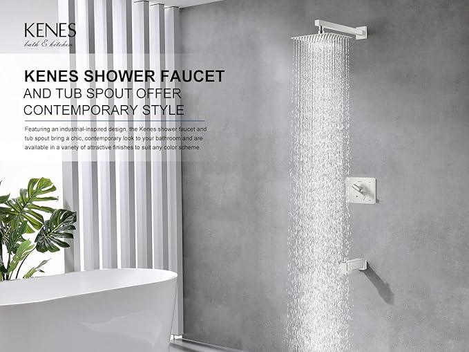 KENES Brushed Nickel Tub Shower Faucet Set Complete, Tub and Shower Trim Kit with 10-Inch Rain Shower Head, Square Shower System, KE-6024A (Shower Valve Included) - ModernBath