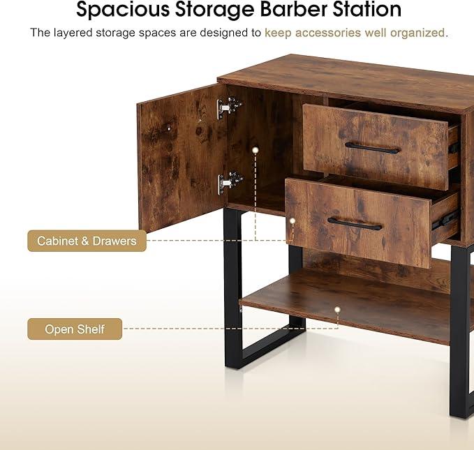 BarberPub Styling Barber Station, Wall Mount Storage Cabinet, Salon Equipment for Hair Stylist, Spa Beauty Makeup Organizer, Bathroom Dresser with Drawers & Shelf 3185 (Brown & Black) - ModernBath