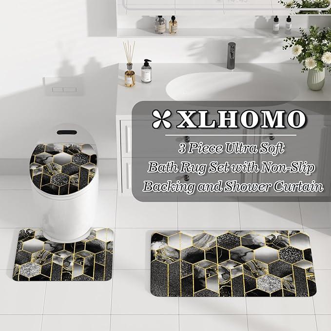 XLHOMO Bathroom Sets with Shower Curtain and Rugs - 4PC Black Geometric Shower Curtain Set with 12 Hooks, Toilet Cover, U-Shaped Mat and Rugs Modern Abstract Bathroom Accessories for Bathroom - ModernBath