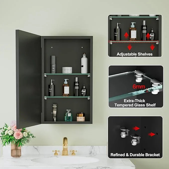 Buruis 14"x 24" Framed Medicine Cabinet with Mirror, Recessed or Wall Mounted Bathroom Cabinet, Adjustable Tempered Glass Shelves, Left/Right Open Reversible, No Assembly Required, Black - ModernBath