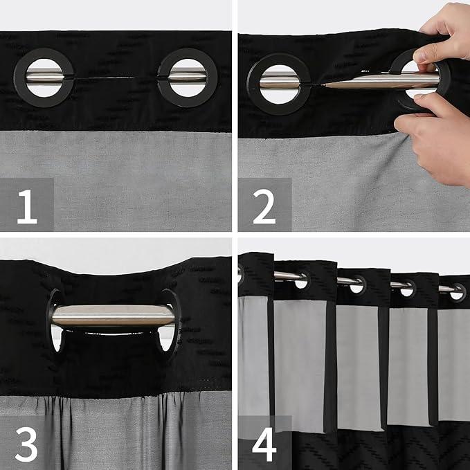 eachope Extra Long No Hook Tufted Chevron Striped Shower Curtain with Snap-in Fabric Liner set-71Wx98H(96H),Tall Hotel Grade Boho Style Shower Curtain,Water Repellent,Black - ModernBath