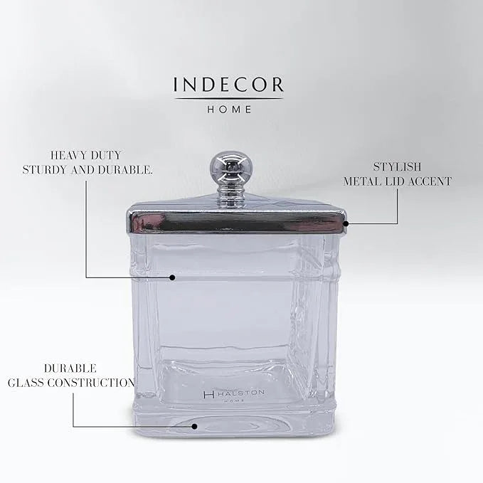 Indecor Home Apothecary Glass Cotton Jar Holder Silver Stainless Steel Lid, Elegant Bathroom Storage Canister for Qtips, Cotton Balls, Floss, Makeup Organizer, Vanity Bathroom Organization - ModernBath