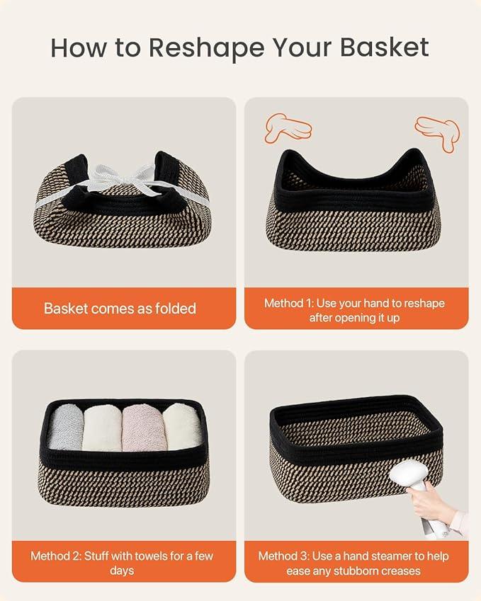 Small Woven Basket, 12 x 8 x 4.5 Inches, Storage Basket for Organizing, Cute Small Rope Shelf Closet Cube Storage Bins Baskets for Shelves, Dog Toy Gift Baskets Empty, 3 Pack Black & Brown - ModernBath