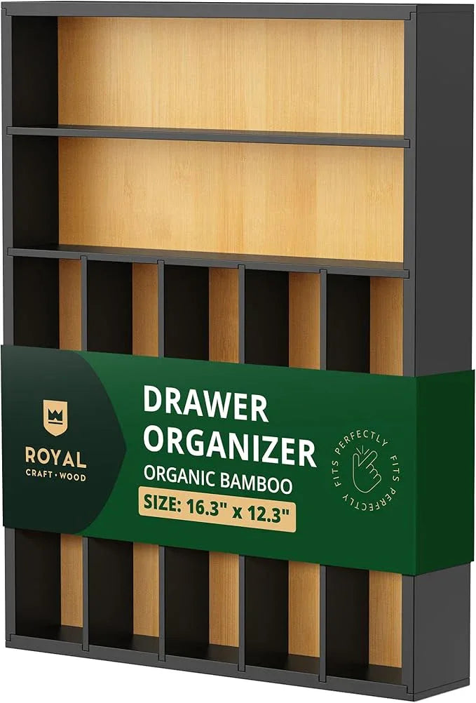 ROYAL CRAFT WOOD Luxury Bamboo Kitchen Drawer Organizer - Silverware Organizer - Utensil Holder and Cutlery Tray with Grooved Drawer Dividers for Flatware and Kitchen Utensils (7 Slot) - ModernBath